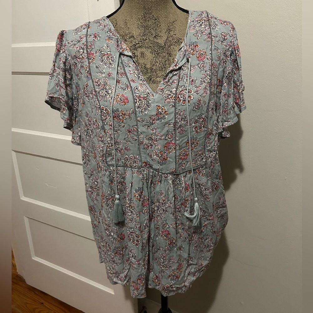 J.Jill Grey Blue Floral Print Flutter Sleeve Drawstring Tunic Blouse Top